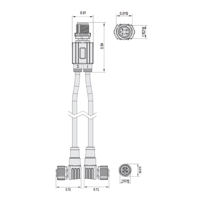 M12 4Pin male /2M12 3Pin female 90° with LED light, IP 69K-ECOLAB, food grade, Y-shaped precast PUR flexible cable, black sheathed, 64E421-XXX